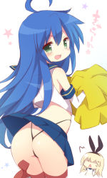 Rule 34 | 00s, 10s, 2girls, :3, :d, ^^^, ass, blue hair, butt crack, cosplay, crossover, elbow gloves, fang, gloves, green eyes, izumi konata, kantai collection, long hair, lucky star, mole, mole under eye, multiple girls, open mouth, pom pom (cheerleading), sailor collar, shaded face, shimakaze (kancolle), shimakaze (kancolle) (cosplay), skirt, smile, thighhighs, thong, triangle mouth, watanon (gakushokutei)