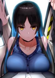 Rule 34 | 1girl, black hair, blue hair, bra, breast press, breasts, bright pupils, cleavage, collarbone, from above, large breasts, long hair, looking at viewer, looking up, multicolored hair, original, parted lips, pov, see-through, sidelocks, solo focus, train interior, two-tone hair, underwear, xiujia yihuizi, yellow eyes
