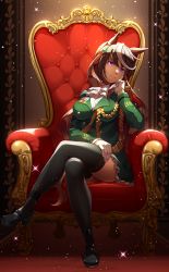 Rule 34 | 1girl, absurdres, animal ears, black footwear, black thighhighs, breasts, brown hair, chair, closed mouth, commentary request, crossed legs, full body, gloves, gold trim, hair ornament, hand on own cheek, hand on own face, head rest, head tilt, highres, horse ears, horse girl, horse tail, large breasts, lips, long hair, long sleeves, looking at viewer, mukunokino isshiki, multicolored hair, purple eyes, shoes, short hair, sitting, skirt, smile, solo, sparkle, streaked hair, symboli rudolf (umamusume), tail, thighhighs, throne, two-tone hair, umamusume, white gloves, white hair