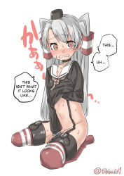 Rule 34 | 10s, 1girl, amatsukaze (kancolle), between legs, blush, brown eyes, caught, choker, clothes lift, collar, dress, dress lift, ebifurya, eyebrows, female masturbation, full body, garter straps, hair tubes, hand between legs, hard-translated, highres, kantai collection, lifebuoy, long hair, long sleeves, looking at viewer, masturbation, navel, nose blush, open mouth, red thighhighs, sailor dress, seiza, silver hair, simple background, sitting, solo, speech bubble, stomach, sweat, swim ring, tears, thighhighs, third-party edit, translated, twitter username, two side up, white background