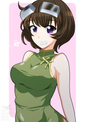 Rule 34 | 1girl, artist logo, breasts, brown hair, chikage (sister princess), china dress, chinese clothes, commentary, dress, goggles, grin, high collar, highres, ichijou takakiyo, looking at viewer, medium breasts, outside border, purple background, purple eyes, rinrin (sister princess), rounded corners, sharp teeth, short hair, side slit, sister princess, sleeveless, sleeveless dress, smile, solo, teeth, upper body