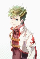 Rule 34 | 1boy, blue eyes, cropped jacket, earrings, eiyuu densetsu, ffuald1013, green hair, highres, jewelry, kevin graham, looking at viewer, male focus, portrait, simple background, smile, solo, sora no kiseki, spiked hair, upper body, white background