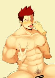 Rule 34 | 1boy, 3others, abs, absurdres, bar censor, bara, beard, blue eyes, boku no hero academia, censored, endeavor (boku no hero academia), facial hair, finger in another&#039;s mouth, fujimachine (clayten), grabbing, highres, large pectorals, male focus, manly, multiple others, muscular, out-of-frame censoring, pectoral grab, pectorals, penis, penis peek, red hair, scar, solo focus, spiked hair, tongue, tongue out, upper body