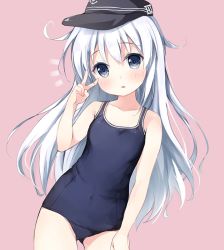 Rule 34 | 10s, 1girl, ^^^, alternate costume, anchor symbol, bare arms, bare shoulders, black hat, blue eyes, blue hair, blue one-piece swimsuit, chiyingzai, collarbone, contrapposto, covered navel, cowboy shot, eyebrows, flat cap, flat chest, gluteal fold, hand gesture, hat, hibiki (kancolle), kantai collection, long hair, looking at viewer, matching hair/eyes, one-piece swimsuit, pink background, roman numeral, school swimsuit, simple background, solo, standing, swimsuit, v, very long hair