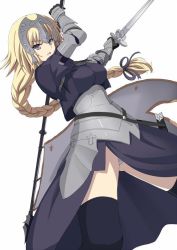 Rule 34 | &gt;:o, 1girl, :o, armor, armored dress, black ribbon, black thighhighs, blonde hair, braid, breasts, capelet, chain, cowboy shot, dual wielding, fate/apocrypha, fate/grand order, fate (series), flag, gauntlets, hair ribbon, headpiece, holding, holding sword, holding weapon, jeanne d&#039;arc (fate), jeanne d&#039;arc (ruler) (fate), large breasts, long hair, looking at viewer, low-tied long hair, panties, pantyshot, parted lips, purple eyes, ribbon, ruler (fate/grand order), shiseki hirame, single braid, solo, standing, sword, thighhighs, tsurime, underwear, v-shaped eyebrows, weapon, white background, white panties