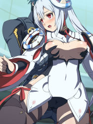 Rule 34 | 1boy, 1girl, blush, grabbing another&#039;s breast, breasts, breasts out, cameltoe, gluteal fold, grabbing, grabbing from behind, hetero, highres, kagei kakigoori, long hair, matoi (pso2), nipples, phantasy star, phantasy star online 2, red eyes, silver hair, sweat, thigh strap, thighhighs, twintails