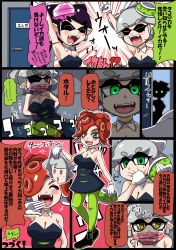 Rule 34 | 3girls, :d, ^ ^, arm up, armpits, arms behind back, bare shoulders, bdsm, black dress, black footwear, black hair, blush, bondage, bound, bound ankles, bound wrists, breasts, callie (splatoon), cleavage, closed eyes, comic, detached collar, disguise, door, dress, earrings, emphasis lines, evil smile, eyebrows, fangs, gag, gagged, gloves, glowing, glowing eyes, green eyes, green legwear, hand to own mouth, highres, holding, holding mask, inkling, jewelry, laughing, lying, marie (splatoon), mask, medium breasts, mole, mole under eye, motion lines, multiple girls, multiple views, nintendo, object on head, octoling, on back, one eye closed, open door, open mouth, outline, pantyhose, pointy ears, raised fist, red hair, rope, shade, shadow, shoes, short dress, short eyebrows, short hair, sideboob, sign, silhouette, silver hair, smile, splatoon (series), splatoon 1, standing, strapless, strapless dress, symbol-shaped pupils, takozonesu, tentacle hair, tongue, translation request, trembling, unworn mask, usa (dai9c carnival), white gloves, wince, yellow eyes