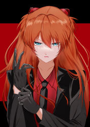 Rule 34 | 1girl, :&lt;, artist request, black gloves, black suit, blue eyes, breasts, brown hair, formal, gloves, hair ornament, interface headset, lips, long hair, looking at viewer, neon genesis evangelion, serious, shoes, simple background, small breasts, solo, souryuu asuka langley, suit, sweater, two-tone background, very long hair