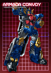 Rule 34 | 1boy, autobot, character name, clenched hand, full body, grid, grid background, headgear, looking at viewer, machine, machinery, male focus, mecha, no humans, optimus prime, paintedmike, personification, red background, red eyes, robot, solo, transformers, transformers armada, transformers unicron trilogy