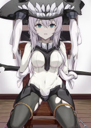 Rule 34 | 1girl, abyssal ship, arms behind back, bad id, bad pixiv id, blue eyes, bodysuit, breasts, chair, hair between eyes, highres, kantai collection, kokenashi, medium breasts, open mouth, pale skin, restrained, short hair, sitting, solo, syringe, tears, tentacles, torn bodysuit, torn clothes, torn legwear, white bodysuit, white hair, wo-class aircraft carrier