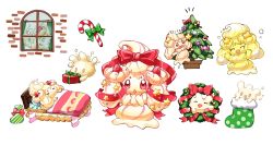 Rule 34 | :o, alcremie, candy, candy cane, christmas, christmas tree, closed eyes, commentary request, creatures (company), evolutionary line, food, fruit, game freak, gen 8 pokemon, happy, highres, looking outside, milcery, mmo necco, nintendo, no humans, on bed, pokemon, pokemon (creature), red eyes, red ribbon, ribbon, smile, strawberry, under covers, wreath