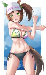 Rule 34 | 1girl, absurdres, animal ears, bikini, breasts, brown hair, commentary request, cowboy shot, ear covers, freckles, green eyes, highres, horse ears, horse girl, horse tail, ines fujin (umamusume), large breasts, looking at viewer, mismatched bikini, side-tie bikini bottom, side ponytail, single ear cover, solo, stretching, swimsuit, tail, umamusume, visor cap, yami anko