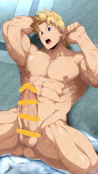 Rule 34 | 1boy, abs, alternate hairstyle, armpits, ass, bar censor, bara, belt, blonde hair, blue eyes, boku no hero academia, censored, completely nude, erection, head tilt, highres, kuroshinki, large penis, looking at viewer, male focus, muscular, muscular male, navel, nipples, nude, paid reward available, pectorals, penis, paid reward available, scar, scar on arm, short hair, sitting, smile, solo, spiked hair, spread legs, stomach, togata mirio, veins, veiny penis, watermark, wet