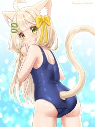 Rule 34 | 1girl, ahoge, animal ear fluff, animal ears, artist name, ass, blonde hair, blue one-piece swimsuit, blush, bow, cat ears, cat girl, cat tail, clothing cutout, from behind, hair bow, hair ornament, hairclip, hand to own mouth, hazakura hinata, highres, long hair, looking at viewer, looking back, one-piece swimsuit, original, pout, ribbon, school swimsuit, solo, swimsuit, tail, tail through clothes, thighs