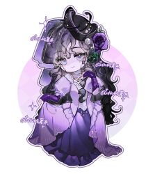 Rule 34 | 1girl, artist name, beiji shutiao, black flower, black hair, black headwear, black rose, chibi, circle, closed mouth, curly hair, dress, flower, full body, gown, hair flower, hair ornament, hand up, highres, isolde (reverse:1999), juliet sleeves, long dress, long hair, long sleeves, looking at viewer, pillbox hat, puffy sleeves, purple background, purple dress, purple eyes, purple flower, purple rose, reverse:1999, rose, see-through veil, signature, skirt hold, sleeves past wrists, smile, solo, sparkle, sparkling eyes, standing, tilted headwear, two-tone background, very long hair, white background