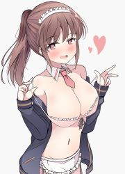 Rule 34 | 1girl, :d, apron, bare shoulders, bikini, bikini top only, black jacket, blazer, blush, breasts, brown eyes, brown hair, cleavage, collarbone, detached collar, frilled apron, frilled bikini, frilled bikini top, frills, front-tie bikini top, front-tie top, groin, heart, highres, jacket, large breasts, long hair, long sleeves, looking at viewer, maid apron, maid headdress, navel, necktie, off shoulder, open clothes, open jacket, open mouth, pink bikini, pink skirt, pleated skirt, ponytail, saki, saki achiga-hen, short necktie, sidelocks, simple background, skirt, smile, solo, standing, stomach, strap pull, swimsuit, takakamo shizuno, trista (makkoivenus), upper body, waist apron, white background