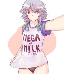 Rule 34 | 1girl, alternate costume, annoyed, black panties, blue eyes, bow, braid, breasts, clothes writing, foreshortening, hair bow, highres, izayoi sakuya, light frown, looking at viewer, mega milk, meme attire, no pants, panties, pink background, raglan sleeves, reaching, reaching towards viewer, selfie, shirt, shirt tug, short hair, silver hair, small breasts, solo, t-shirt, thighs, touhou, twin braids, two-tone background, underwear, white background, yoruny