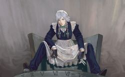 Rule 34 | apron, between breasts, blue jacket, blue pants, bow, bowtie, breasts, formal, gender request, gloves, green bow, green bowtie, grey eyes, izayoi sakuya, jacket, knife, medium hair, pants, roman numeral, shirt, shoes, silver hair, sitting, solo, suit, suit jacket, touhou, user crkd7757, white shirt