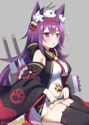 Rule 34 | 1girl, animal ears, azur lane, bell, black thighhighs, blush, breasts, brown hair, cannon, cat ears, detached sleeves, from side, grey background, hairband, jingle bell, large breasts, long hair, long sleeves, parted lips, purple eyes, purple hair, short eyebrows, simple background, sitting, solo, supershiruco, thick eyebrows, thighhighs, twitter username, urakaze (azur lane), wide sleeves