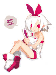 Rule 34 | 1girl, :d, bare shoulders, blush, disgaea, dress, full body, harada takehito, holding, looking at viewer, open mouth, original, parted lips, pleinair, pointy ears, rabbit, robot, short hair, simple background, sitting, smile, solo, speech bubble, strapless, strapless dress, usagi-san, white background, white hair