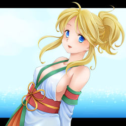 Rule 34 | 1girl, :d, bare shoulders, blonde hair, blue dress, blue eyes, blush, breasts, collarbone, commentary request, cosplay, detached sleeves, dress, flare en kuldes, gensou suikoden, gensou suikoden iv, ham pon, highres, letterboxed, looking at viewer, medium breasts, obi, ocean, open mouth, queen of obel, queen of obel (cosplay), sash, short ponytail, sideboob, sleeveless, sleeveless dress, smile, solo