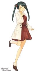 Rule 34 | 1girl, black hair, dress, full body, grey eyes, highres, index finger raised, jacket, kantai collection, long hair, looking at viewer, mikuma (kancolle), one eye closed, open mouth, red dress, simple background, smile, solo, standing, standing on one leg, twintails, twitter username, white background, white jacket, yamashichi (mtseven)