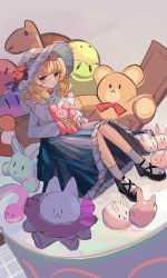 Rule 34 | 1girl, absurdres, alice margatroid, animal ears, bear ears, black footwear, black skirt, blonde hair, blue eyes, blush, bow, bowtie, buttons, cat ears, cat tail, closed mouth, clynxen, floor, flower, frills, grey background, grey headwear, grey shirt, grey socks, hairband, hands up, hat, hat bow, hat flower, hat ornament, heart, highres, long sleeves, looking at viewer, puffy long sleeves, puffy sleeves, purple bow, rabbit ears, red bow, red bowtie, red flower, red hairband, shirt, shoes, short hair, simple background, skirt, snake, socks, solo, stuffed animal, stuffed toy, tail, touhou, toy