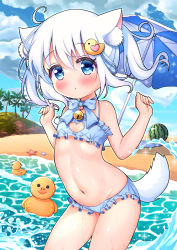 Rule 34 | :o, absurdres, ahoge, animal ear fluff, animal ears, arched back, bare arms, beach, belly, bikini, blue bikini, blue bow, blue bowtie, blue choker, blue eyes, blush, bow, bowtie, breasts, choker, cleavage cutout, clothing cutout, cloud, cowboy shot, day, dog ears, dog tail, dot mouth, duck hair ornament, flat chest, frilled bikini, frills, hair between eyes, hands up, highres, medium hair, mumu (mori rin930), navel, neck bell, ocean, original, sky, small breasts, standing, swimsuit, tail, twintails, water, wet, white hair