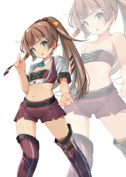Rule 34 | 1girl, absurdres, alternate costume, bandeau, boots, breasts, brown hair, clothes writing, cropped jacket, feet out of frame, grey eyes, hair ribbon, highres, jacket, kantai collection, kazagumo (kancolle), long hair, looking at viewer, midriff, multiple views, ponytail, purple bandeau, purple footwear, purple shorts, race queen, ribbon, shorts, simple background, small breasts, thigh boots, white background, white jacket, yashin (yasinz), zoom layer