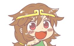 Rule 34 | 1girl, blush, brown hair, circlet, collarbone, dress, green dress, gyate gyate, hair between eyes, ikiyouz, jaggy lines, long hair, low twintails, open mouth, portrait, red eyes, single-shoulder dress, single strap, smile, solo, son biten, touhou, transparent background, twintails, unfinished dream of all living ghost