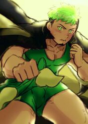 Rule 34 | 1boy, bara, black hair, blush, bulge, clenched hand, dark-skinned male, dark skin, facial hair, feet out of frame, gakuran, goatee, green hair, haishiba ame, highres, holding, holding mask, ikusaba daisuke, jacket, jacket on shoulders, male focus, mask, multicolored hair, muscular, muscular male, open mouth, pectoral cleavage, pectorals, school uniform, short hair, sideburns, singlet, solo, sweatdrop, taurus mask, thick thighs, thighs, tokyo houkago summoners, two-tone hair, wrestling outfit