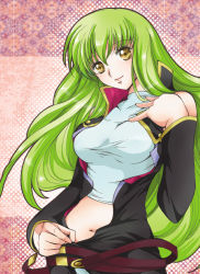 Rule 34 | 00s, 1girl, akina tsukako, breasts, brown eyes, c.c., code geass, green hair, long hair, navel, open clothes, smile, solo, undressing, yellow eyes