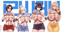 Rule 34 | 4girls, absurdres, aestheticc-meme, ahoge, animal ears, bare shoulders, blake belladonna, blonde hair, blue eyes, bow, breasts, cat ears, cleavage, detached sleeves, english text, gradient hair, grey eyes, grin, hair bow, highres, huge filesize, large areolae, large breasts, long hair, looking at viewer, midriff, multicolored hair, multiple girls, nipples, open mouth, ponytail, purple eyes, red hair, ribbon, ruby rose, rwby, scar, scar across eye, scar on face, shirt, short hair, short sleeves, shorts, side ponytail, simple background, sleeveless, sleeveless shirt, smile, tape measure, two-tone hair, vambraces, wavy hair, weiss schnee, white hair, yang xiao long, yellow eyes, yellow shirt