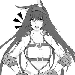 Rule 34 | 1girl, animal ears, arknights, blaze (arknights), greyscale, hands on own hips, long hair, monochrome, nkmmktwt, sketch, white background