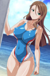 Rule 34 | 1girl, anime coloring, blue one-piece swimsuit, blue sky, breasts, brown hair, cloud, collarbone, competition swimsuit, covered erect nipples, covered navel, cowboy shot, day, green eyes, horizon, large breasts, long hair, monteriakitto, ocean, one-piece swimsuit, original, outdoors, sky, solo, swimsuit, thigh gap, two-tone one-piece swimsuit