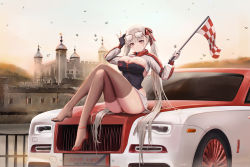 Rule 34 | 1girl, absurdres, alternate costume, azur lane, backless leotard, car, checkered flag, crossed legs, artistic error, eyewear on head, flag, formidable (azur lane), glasses, gloves, high heels, highres, kcar66t, leotard, leotard under clothes, london, looking at viewer, miniskirt, motor vehicle, product placement, race queen, real world location, rolls-royce, rolls-royce wraith, shoes, shrug (clothing), single shoe, sitting, skirt, thighhighs, tower of london, wrong foot