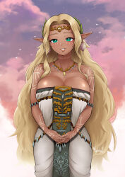 Rule 34 | 1girl, blonde hair, body markings, breasts, circlet, cleavage, cropped legs, dark-skinned female, dark skin, dress, earrings, highres, jewelry, large breasts, long hair, necklace, nintendo, own hands together, pointy ears, pom pom (clothes), pom pom earrings, ravenhart, secret stone, sky, smile, solo, sonia (zelda), standing, strapless, strapless dress, the legend of zelda, the legend of zelda: tears of the kingdom, very long ears, very long hair