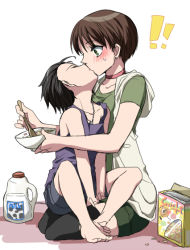 Rule 34 | !, !!, 1boy, 1girl, age difference, aged down, barefoot, billy coen, black hair, black thighhighs, blush, brown hair, child, choker, closed eyes, collarbone, dog tags, earrings, food, green eyes, height difference, hetero, jewelry, kiss, knees up, looking at another, milk, myutsusama, rebecca chambers, resident evil, resident evil 0, shirt, short hair, shorts, simple background, sitting, sitting on lap, sitting on person, sleeping, sleeveless, sleeveless shirt, sweatdrop, tank top, thighhighs, time paradox, white background, zettai ryouiki