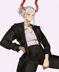 Rule 34 | 1girl, absurdres, alternate costume, black panties, black suit, collared shirt, cowboy shot, dress shirt, formal, hair bun, hair ornament, hand on own hip, high-waist pants, highres, horns, joy boy, long sleeves, looking at viewer, loose clothes, loose shirt, multicolored hair, multicolored horns, one piece, orange eyes, panties, pants, serious, shirt, shirt tucked in, simple background, single hair bun, sitting, solo, spread legs, suit, underwear, white background, yamato (one piece), yellow horns