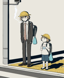 Rule 34 | 2boys, absurdres, avogado6, bag, bags under eyes, child, cigarette, commentary, depressed, formal, hand in pocket, hat, highres, jitome, light brown hair, looking at another, male focus, multiple boys, necktie, original, school bag, school hat, shadow, shirt, short hair, shorts, sidewalk, smoke, smoking, striped necktie, t-shirt, tactile paving