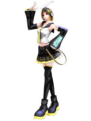 Rule 34 | 1girl, blonde hair, boots, calne ca (deino), cosplay, deino (deino3330), detached sleeves, full body, hair ribbon, hand on own hip, highres, kagamine rin, kagamine rin (cosplay), looking at viewer, midriff, navel, red eyes, ribbon, short hair, simple background, skirt, solo, tattoo, thighhighs, vocaloid, white background