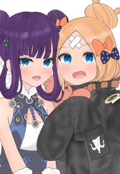 Rule 34 | 2girls, :d, abigail williams (fate), abigail williams (traveling outfit) (fate), atsumisu, bad id, bad pixiv id, bare shoulders, black bow, black dress, black jacket, blonde hair, blue eyes, blush, bow, commentary request, crossed bandaids, dress, fate/grand order, fate (series), hair bow, hair bun, hair rings, hand up, heroic spirit traveling outfit, hugging object, jacket, long hair, long sleeves, multiple girls, official alternate costume, open mouth, orange bow, parted bangs, polka dot, polka dot bow, purple hair, simple background, single hair bun, sleeveless, sleeveless dress, sleeves past fingers, sleeves past wrists, smile, stuffed animal, stuffed toy, teddy bear, upper body, white background, yang guifei (fate), yang guifei (first ascension) (fate)