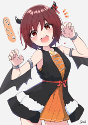 Rule 34 | 1girl, :d, bare shoulders, black dress, blush, brown eyes, brown hair, claw pose, commentary request, crescent, demon horns, dress, grey background, hair between eyes, halloween, head tilt, horns, kantai collection, looking at viewer, mutsuki (kancolle), notice lines, open mouth, orange dress, pleated dress, round teeth, signature, simple background, sleeveless, sleeveless dress, smile, solo, sou (soutennkouchi), teeth, translation request, upper teeth only