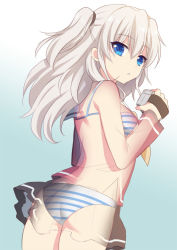 Rule 34 | 10s, 1girl, ass, blue eyes, bra, brown skirt, camera, charlotte (anime), fuyuichi, gradient background, long hair, looking at viewer, panties, school uniform, skirt, solo, striped clothes, striped panties, tomori nao, two side up, underwear, white hair, x-ray