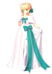 Rule 34 | 1girl, absurdres, ahoge, artoria pendragon (all), artoria pendragon (fate), blonde hair, braid, breasts, crown braid, dress, fate/grand order, fate/stay night, fate (series), full body, green eyes, hand up, heroic spirit formal dress, highres, looking away, official art, open mouth, petals, ribbon, saber (fate), solo, takeuchi takashi, white background, white dress