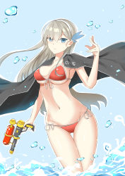 Rule 34 | 1girl, absurdres, arched back, artist name, bad id, bad pixiv id, bikini, black capelet, blue background, blue eyes, breasts, bubble, capelet, cleavage, closed mouth, collarbone, expressionless, front-tie bikini top, front-tie top, froth, gluteal fold, grey hair, groin, hair ornament, hair over breasts, hair over one breast, hairband, hand up, highres, holding, large breasts, leaning to the side, legs together, lexington (cv-16) (warship girls r), long hair, looking at viewer, navel, outline, red bikini, side-tie bikini bottom, side-tie bottom, sideboob, simple background, solo, swimsuit, wading, warship girls r, water gun, waves, white outline, zhudacaimiao