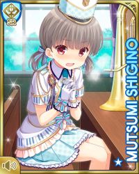Rule 34 | 1girl, bow, brown hair, card (medium), day, girlfriend (kari), indoors, instrument, looking at viewer, marching band, nervous, official art, open mouth, pleated skirt, qp:flapper, red eyes, school, shigino mutsumi, shirt, short twintails, silver hair, sitting, skirt, socks, solo, striped, striped bow, table, tuba, twintails, white bow, white headwear, white shirt, white skirt