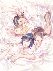 Rule 34 | 4boys, arm tattoo, artist name, bed sheet, black hair, blonde hair, brown hair, chest tattoo, closed eyes, collared shirt, cuddling, facial hair, final fantasy, final fantasy xv, gladiolus amicitia, hair between eyes, hand on another&#039;s chest, hinoe (dd works), ignis scientia, lying, male focus, multiple boys, noctis lucis caelum, on back, on side, parted lips, prompto argentum, scar, scar across eye, shirt, sideburns, sleeping, sleeves rolled up, soul patch, square enix, tattoo, under covers, upper body, white shirt