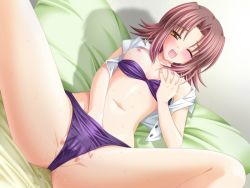 Rule 34 | 1girl, amano shiori, bed, bra, bra pull, clothes pull, fall in love, female masturbation, game cg, hand in panties, lingerie, lying, masturbation, moaning, navel, ohizumi daisaku, on back, one eye closed, open mouth, panties, purple bra, purple panties, pussy juice, pussy juice stain, grabbing own breast, short hair, solo, spread legs, sweat, underwear, wet, wet clothes, wet panties