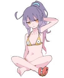 Rule 34 | 1girl, absurdres, arm up, bikini, blush, breasts, cars (movie), closed mouth, crocs, despicable me, full body, hand in own hair, highres, indian style, jitome, lightning mcqueen, long hair, looking at viewer, lyrinne, minion (despicable me), navel, original, ponytail, purple hair, shoes, simple background, single shoe, sitting, small breasts, solo, swimsuit, white background, yellow bikini, yellow eyes